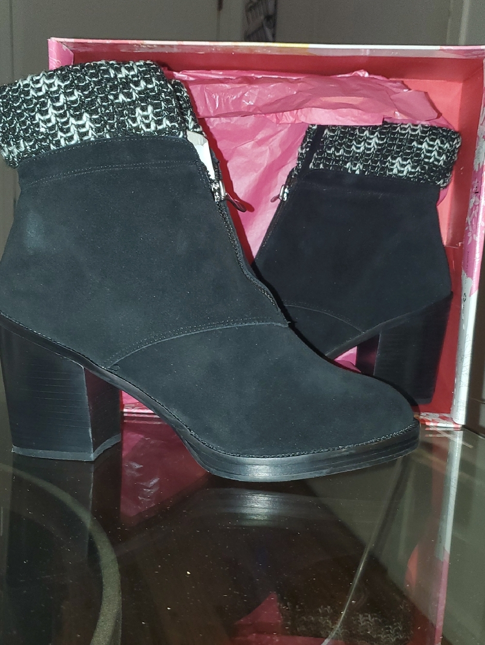 Chinese Laundry Black Ankle Heeled Boots with Knit Cuff -Size 11